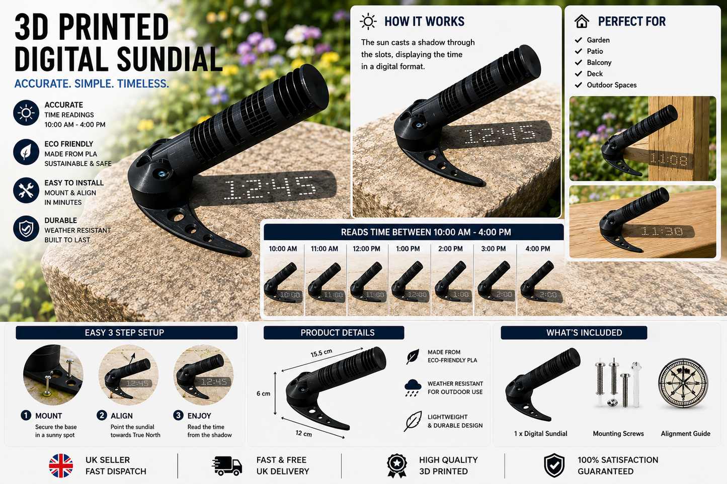 3d Printed Digital Sundial | Solar Powered Garden & Desk Clock | No Batteries or Electricity | Modern Outdoor & Indoor Decoration