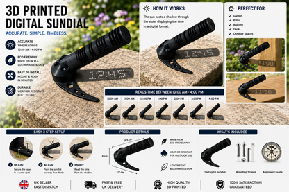 3d Printed Digital Sundial | Solar Powered Garden & Desk Clock | No Batteries or Electricity | Modern Outdoor & Indoor Decoration